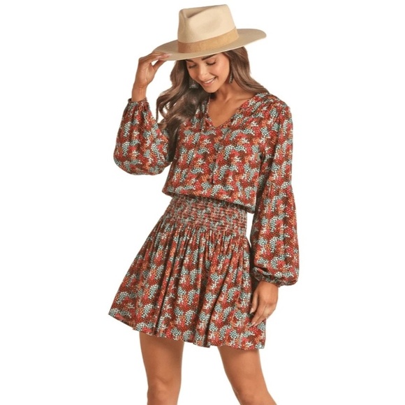 Rock n Roll Sz L Ditsy Floral Print Flowy Mini Dress Rust Copper Smocked Waist - Picture 1 of 11